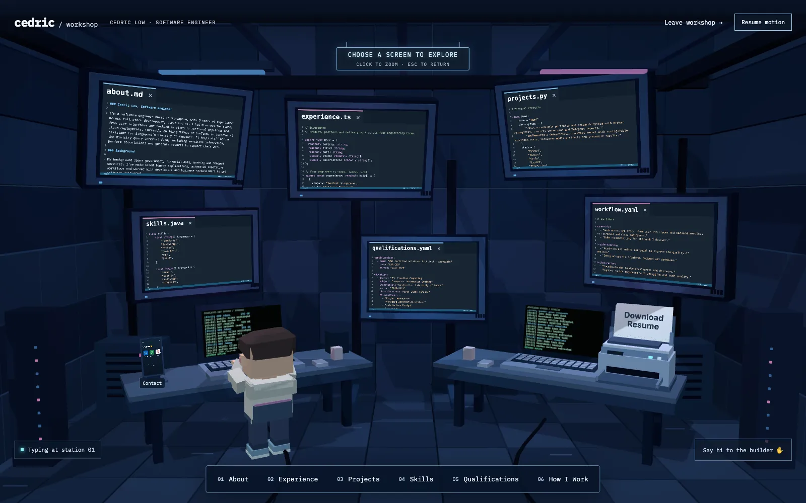 A voxel workshop with six monitors, a printer and a contact phone on the desks.